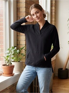 Helmet Lang Drop Shoulder V-Neck Long Sleeve High Low Fleece Pull Over